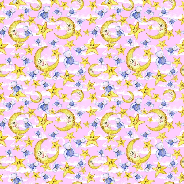 Watercolor Seamless Pattern Theme Children Illustration Good Night Moon Month — Stock Photo, Image