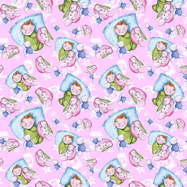 Watercolor Seamless Pattern Theme Children Illustration Good Night Small Child — Stock Photo, Image