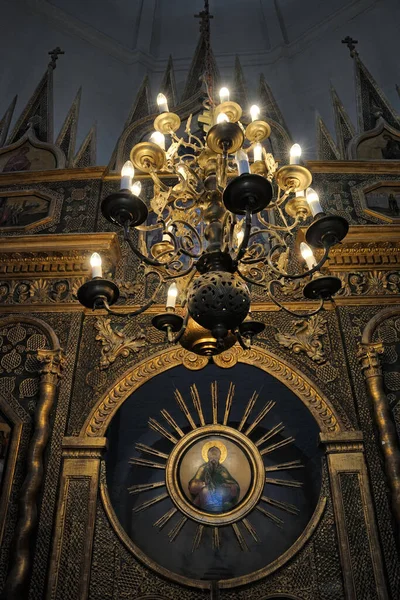 Moscow Russia March 2020Illuminated Chandelier Fragment Central Part Iconostasis Chapel — Stock Photo, Image
