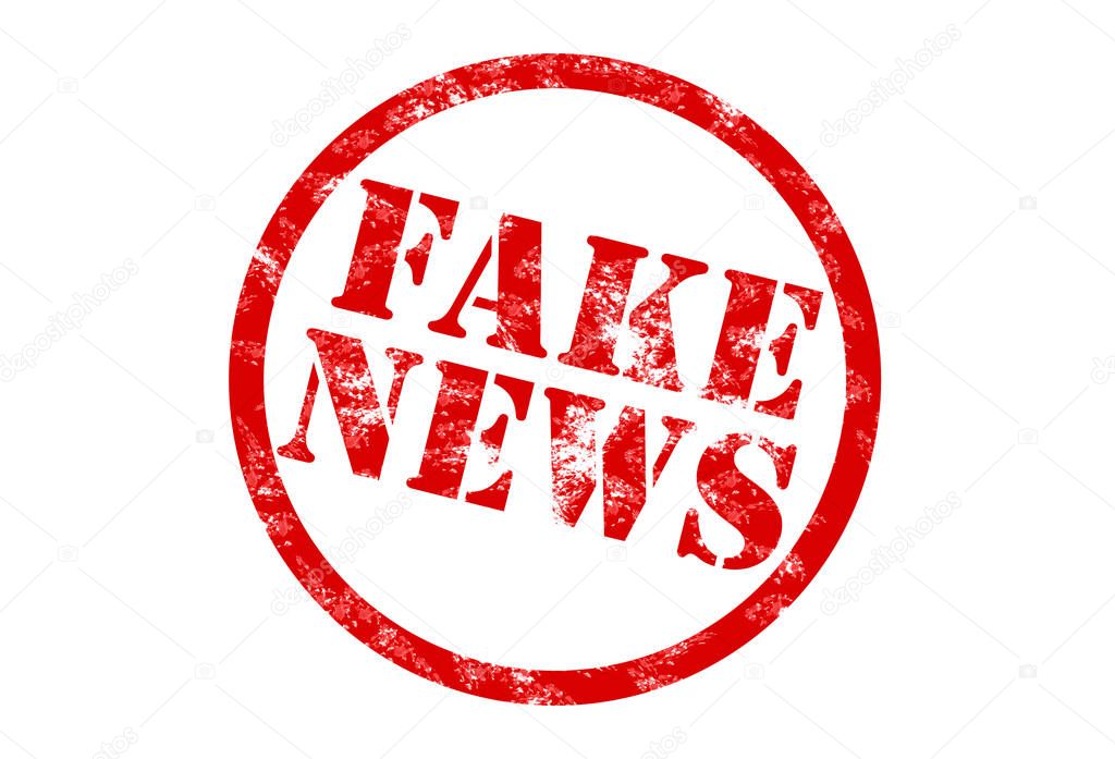 rubber stamp print in red with words fake news on white background