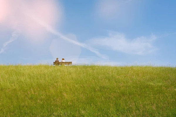 Vista posteriore di coppia di anziani seduti su panchina su diga coperta di erba verde lussureggiante sotto il cielo blu — Foto Stock