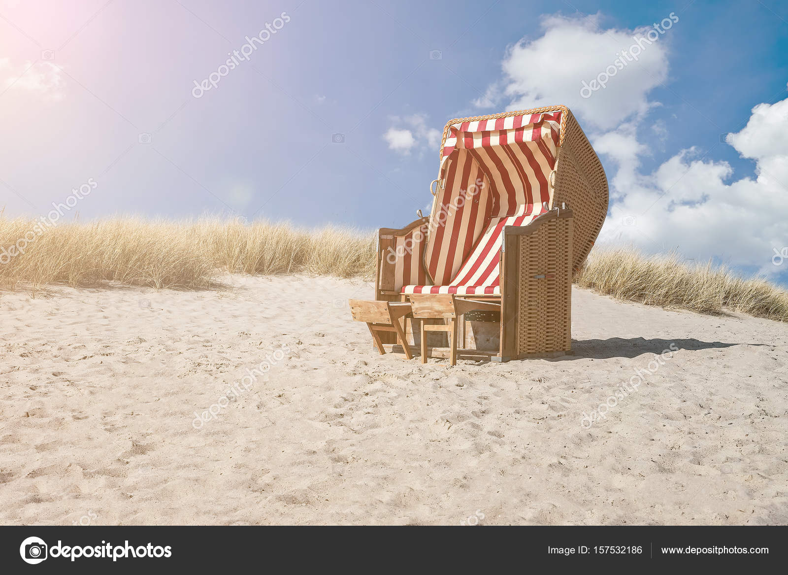 Traditional Canopied Beach Chair At Baltic Sea With Marram
