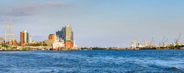 Hamburg harbor panorama in warm summer evening sunlight — Stock Photo, Image