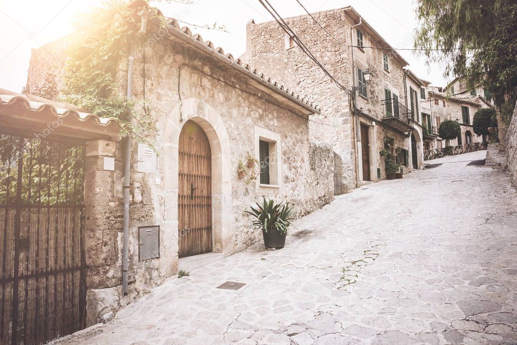 empty street historic old town of Valldemossa on the island of Majorca, Spain