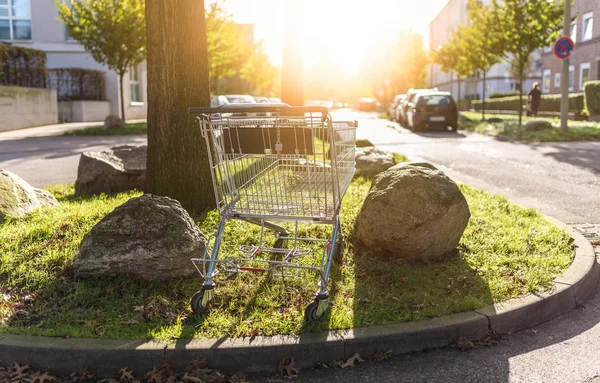 shopping cart abandoned at curbside in residential neighborhood