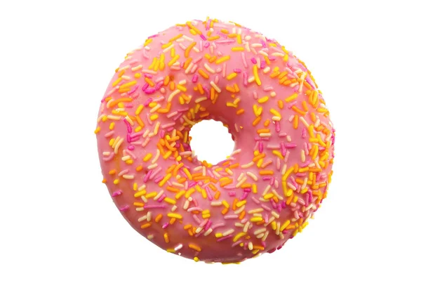 粉红色的甜甜圈和五颜六色的糖洒在白色背景隔离 — 图库照片