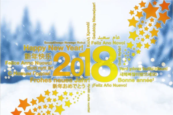 Happy New Year in different languages with stars greeting card concept with snowy bokeh background