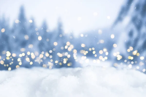 Neve Inverno Natale Bokeh Sfondo Con Luci Circolari Alberi — Foto Stock