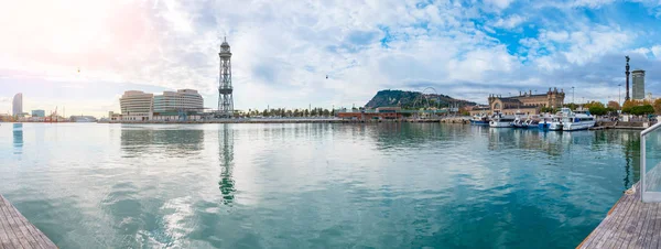 Panorama Barcelona Port Vell Com Cabo Para Montjuic — Fotografia de Stock