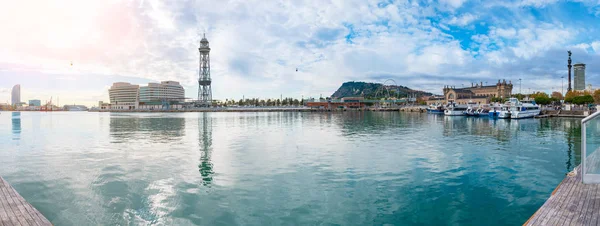 Panorama Del Puerto Vell Barcelona Con Teleférico Montjuic — Foto de Stock