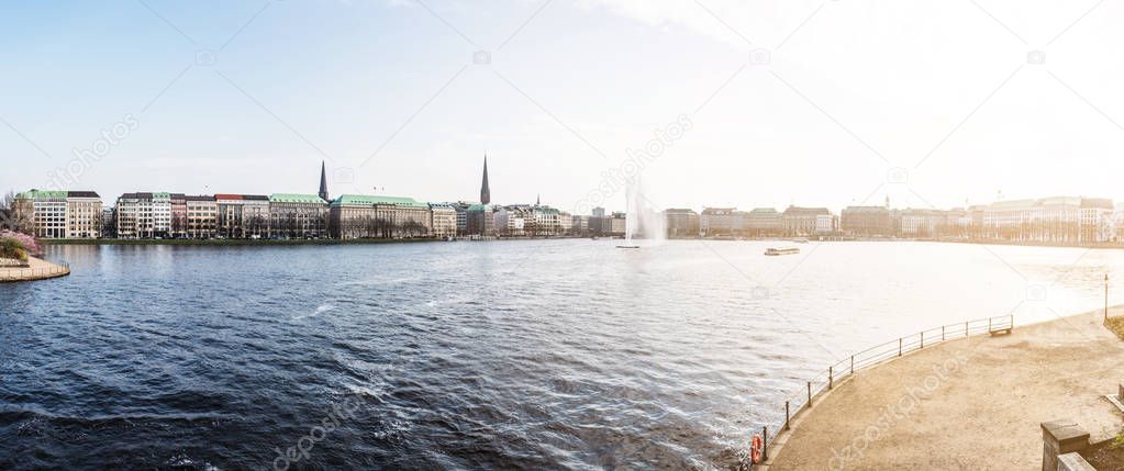 panoramic view of Alster Lake in Hamburg on a sunny day