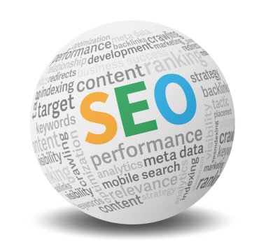 SEO arama motoru optimizasyonu etiket bulutu dünya beyaz arka plan üzerinde