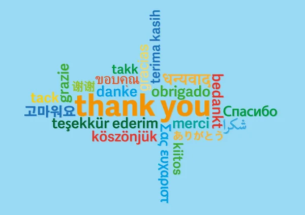 Kleurrijke dank u word cloud in verschillende talen op blauwe achtergrond — Stockvector