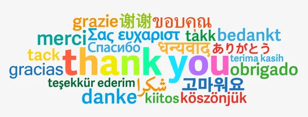 Farbenfrohe Dankeschön-Wortwolke in verschiedenen Sprachen — Stockvektor