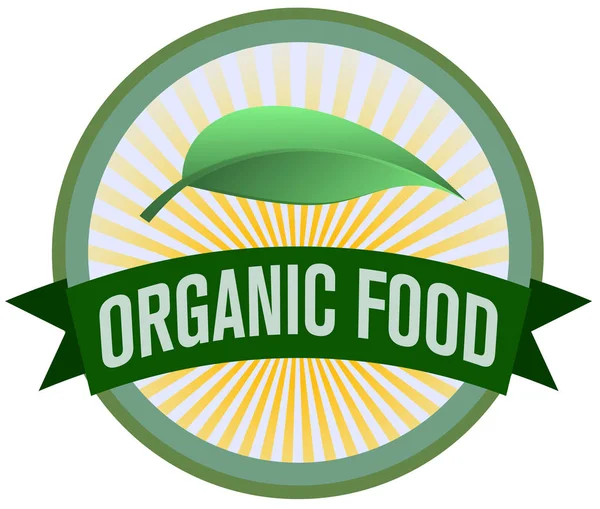Logotipo de alimentos orgánicos redondos con hojas y rayos de luz solar — Vector de stock