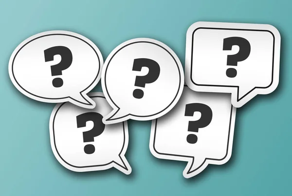 Speech bubble stickers with question marks isolated on blue background — 图库照片