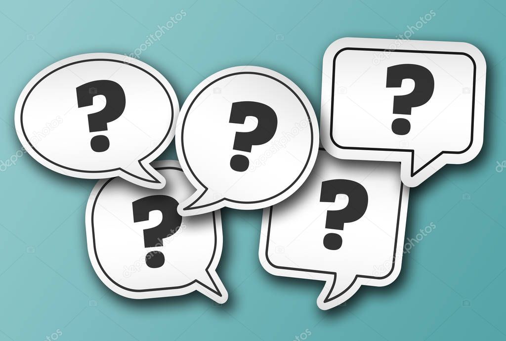 speech bubble stickers with question marks isolated on blue background