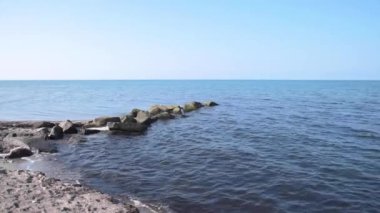 Heiligenhafen 'de sakin deniz ve mavi gökyüzüne karşı boş sahil