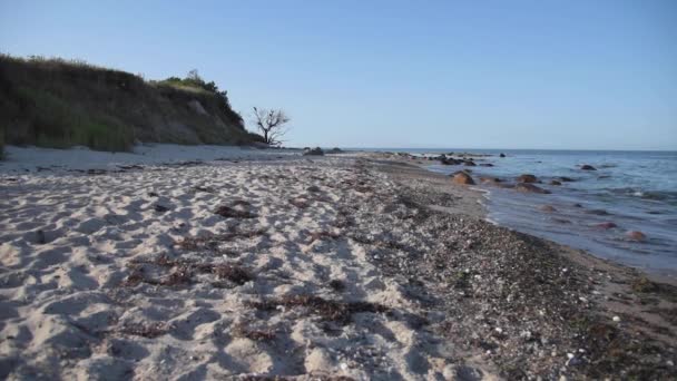 Heiligenhafen 'de sakin deniz ve mavi gökyüzüne karşı boş sahil — Stok video