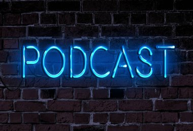 Kaba tuğlalarla ilgili parlayan neon harflerle Podcast