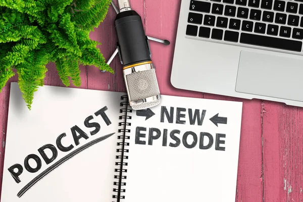 Podcasting concept, top view of podcast recording equipment on table — Stock Photo, Image