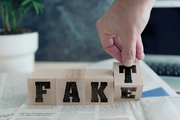 FAKE or FAKT, German for fact, on wooden blocks on newspaper — ストック写真