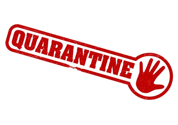 Красный QUARANTINE резиновый штамп с жестом остановки руки изолированы на белом — стоковый вектор
