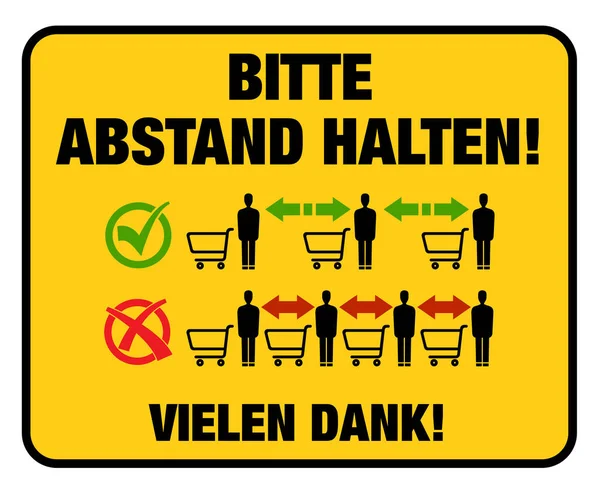 Schild für Supermärkte und Geschäfte, auf dem steht: BITTE KEEP YOUR DISTANCE, THANK YOU — Stockvektor
