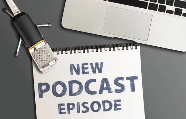 Top view of podcast recording equipment on desk — Stock Photo, Image