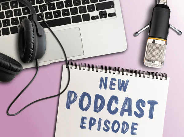 Top view of podcast recording equipment on desk — Stock Photo, Image