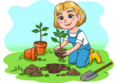 Gardener girl planting a tree sprout into soil. Vector illustration in cartoon style.