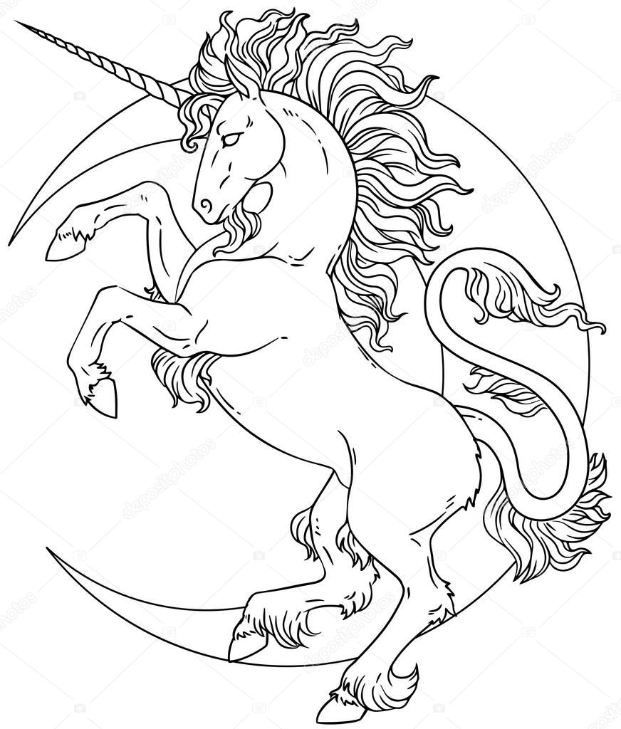Heraldic vector unicorn with crescent. Black and white outline illustration for coloring book.