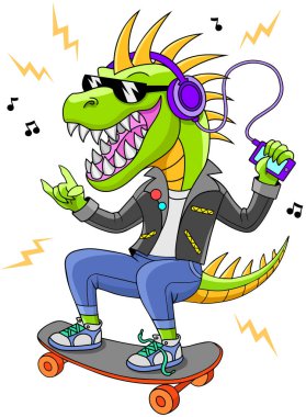 Cool dinosaur wearing sunglasses, rides skateboard and listening music player. Vector illustration isolated clipart