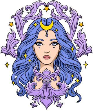 Barok unsurları olan genç ve güzel bir kız. Vektör çizimi izole edildi