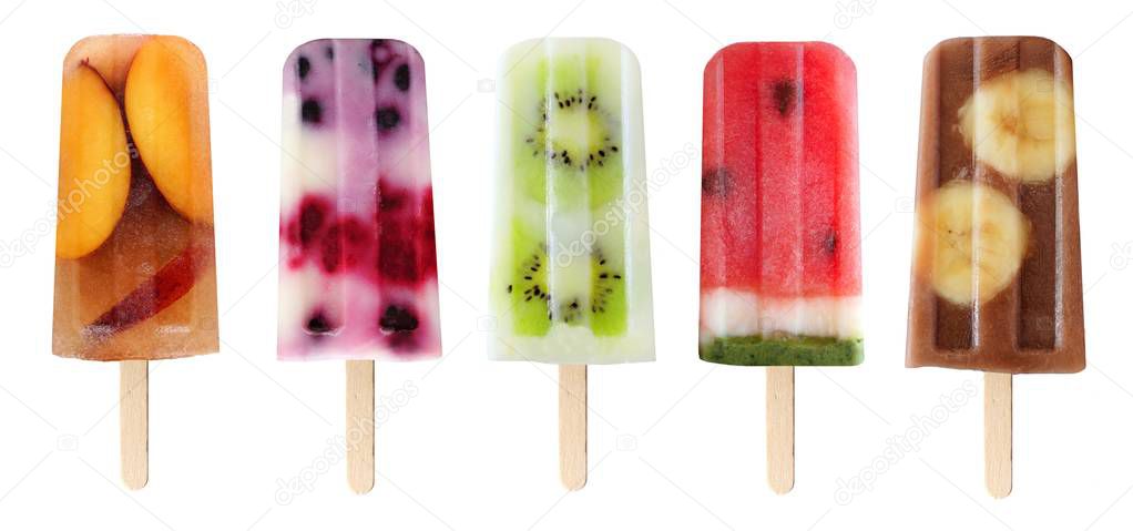 Five assorted fruit popsicles isolated on white