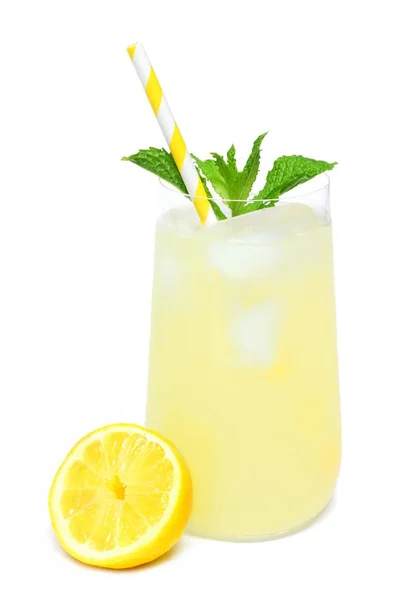 Glass of lemonade with mint and straw isolated on white — Stock Photo, Image