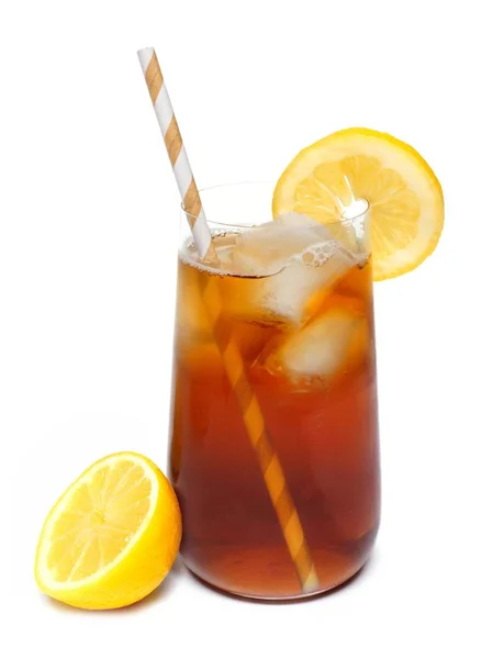 Glass of iced tea with lemons and straw isolated on white — Stock Photo, Image