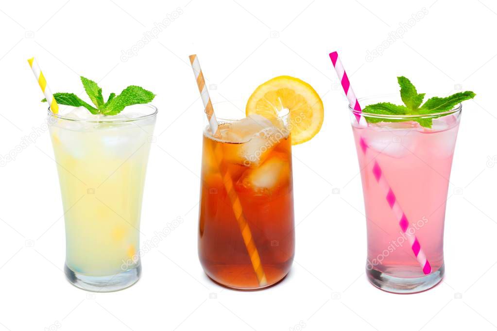 Three glasses of lemonade, iced tea, and pink lemonade drinks isolated on white