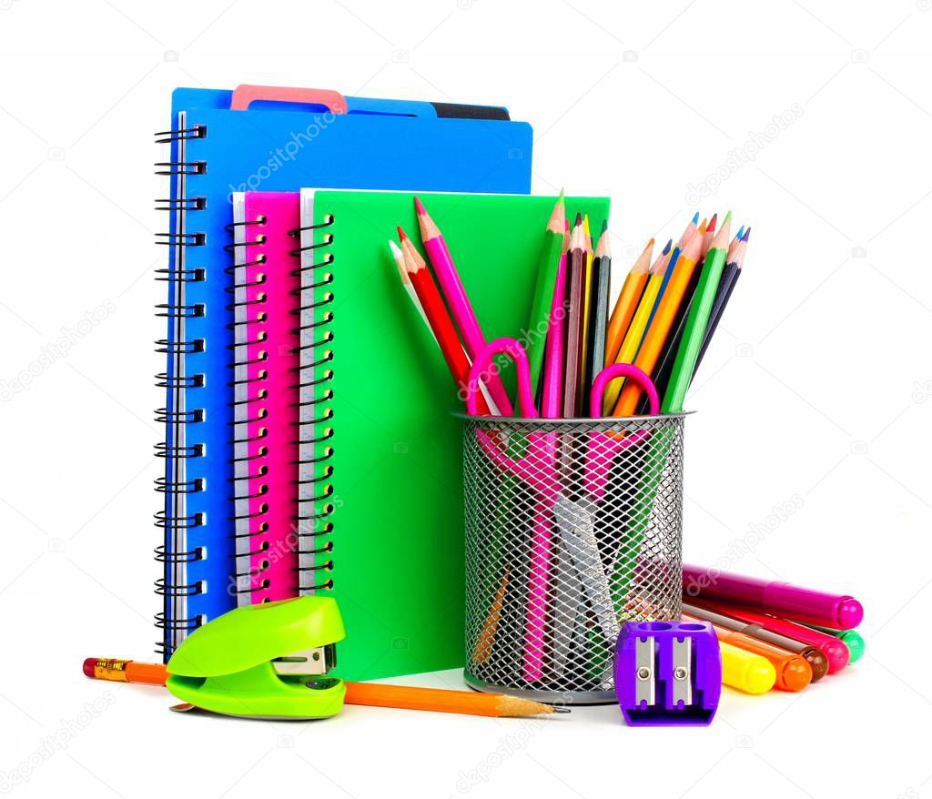 Group of colorful school notebooks and supplies 