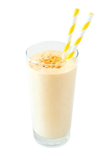 Pindakaas banaan haver ontbijt smoothie geïsoleerd op wit — Stockfoto