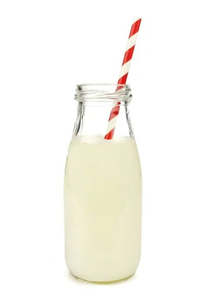 Latte Con Paglia Rigata Una Bottiglia Tradizionale Isolata Bianco — Foto Stock