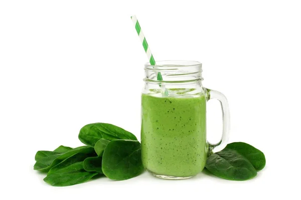 Frullato Verde Sano Con Spinaci Una Tazza Vaso Isolata Bianco — Foto Stock