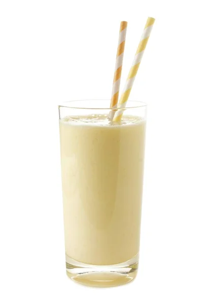 Frullato Banana Sano Bicchiere Con Cannucce Isolate Bianco — Foto Stock