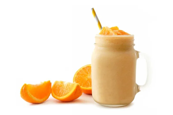 Oranje Smoothie Een Glas Mason Jar Met Stro Vers Fruit — Stockfoto