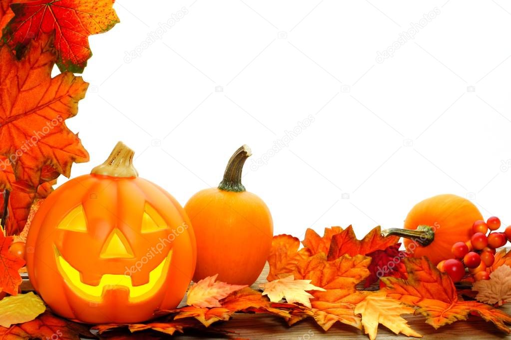 Halloween Jack o Lantern and leaf border over white