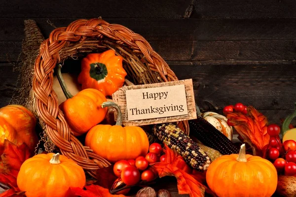 Harvest cornucopia with Happy Thanksgiving gift tag