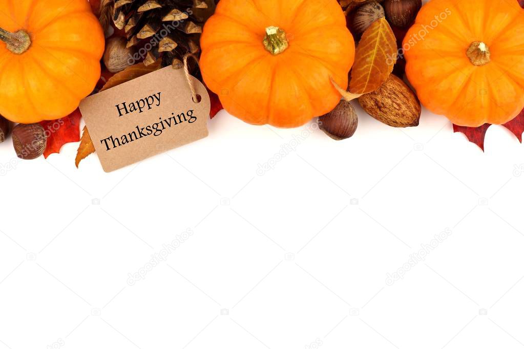 Happy Thanksgiving tag with autumn top border on white