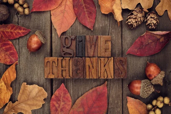 Give Thanks boekdruk met frame van de herfst boven hout bladeren — Stockfoto