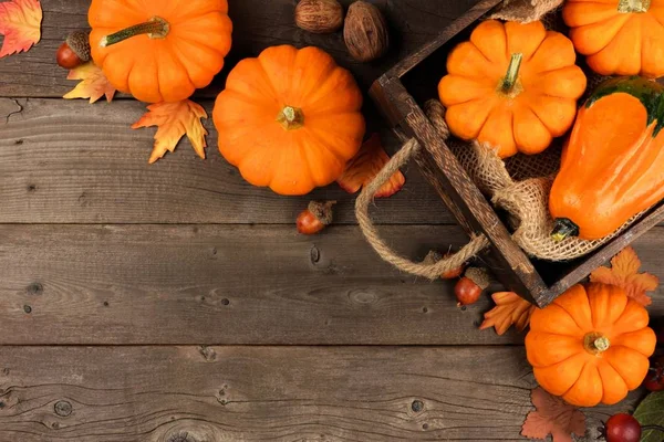 Herfst hoek rangschikking van bladeren en pompoenen over hout — Stockfoto