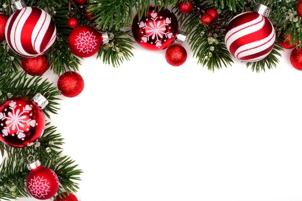 Červené a bílé Vánoční cetka roh ohraničení na bílém — Stock fotografie